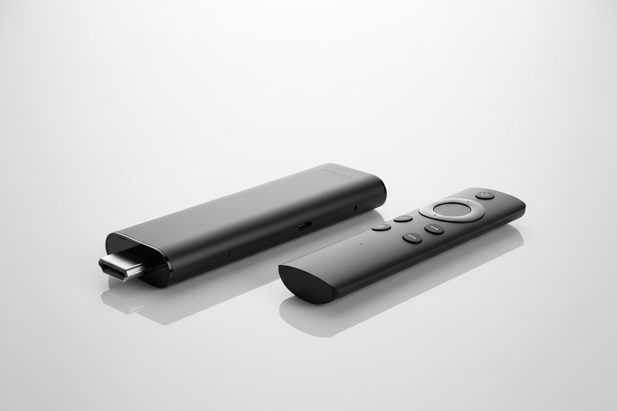 Create a high-quality, studio-style product image of a modern TV stick streaming device, including the stick and remote. Display the product centered with crisp details, soft reflections, and realistic shadows. Use a clean, minimal background with a smooth gradient to match premium ecommerce design. Highlight the sleek edges, ports, and matte or glossy finish. Lighting should be soft and cinematic, giving the product a high-tech look. No text, no branding, no watermarks. Ultra-HD, 8K resolution. Perfect for