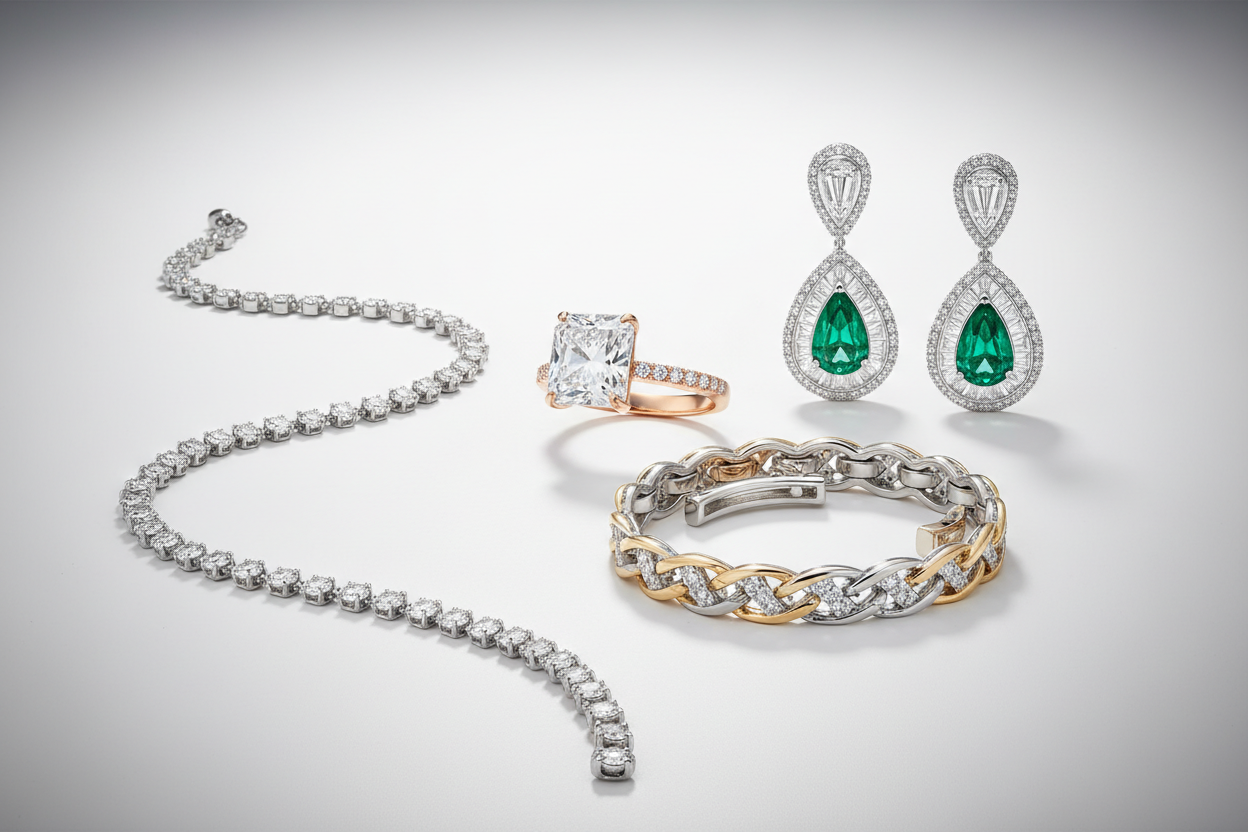 Create a premium, high-end product image featuring elegant jewelry (necklace / ring / bracelet / earrings). Show the jewelry centered with crisp details, perfect shine, and realistic reflections. Use a clean, minimal studio background with soft lighting and a subtle gradient to enhance the metallic and gemstone textures. Add gentle shadows for realism. Style the image to look luxurious, refined, and suitable for an online store slideshow for JB SELEKT. No text, no watermarks, no branding. Ultra-HD, 8K resol